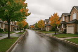 Quiet brick-house street in Brampton in late September