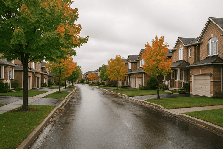 Quiet brick-house street in Brampton in late September