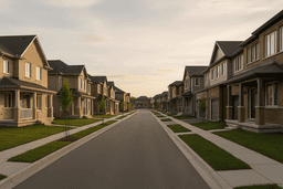 A suburban street of new houses and townhomes, used as the photo for the Southfields Village buying post.