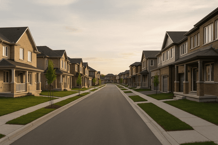 A suburban street of new houses and townhomes, used as the photo for the Southfields Village buying post.